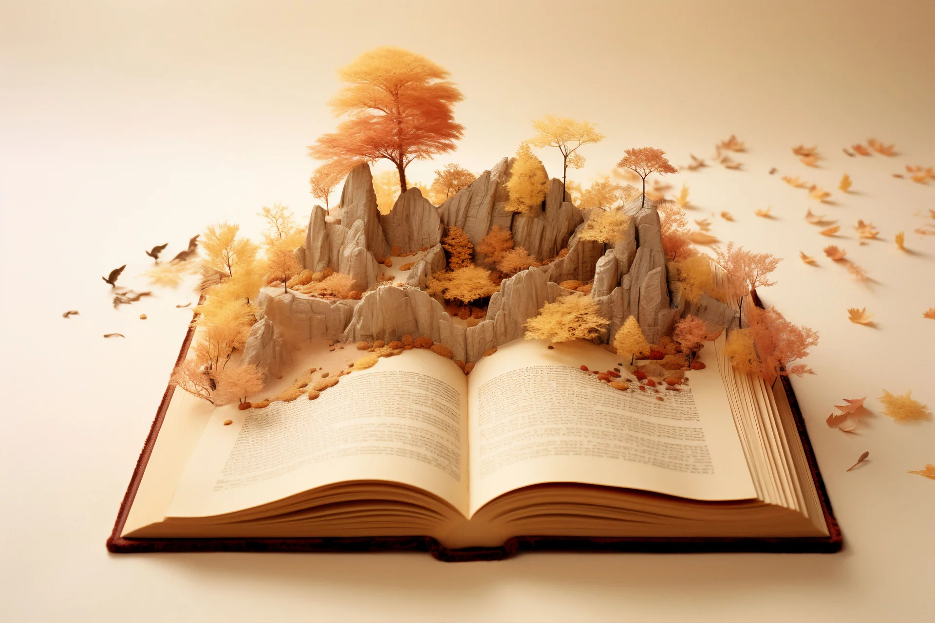 Ilustracja- otwarta książka z przestrzennym fragmentem krajobrazu-góry i drzewa.