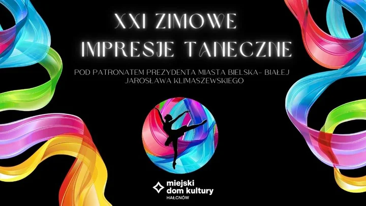 plansza informacyjna z tekstem 21 zimowe impresje taneczne. na czarnym tle kolorowe wstęgi
