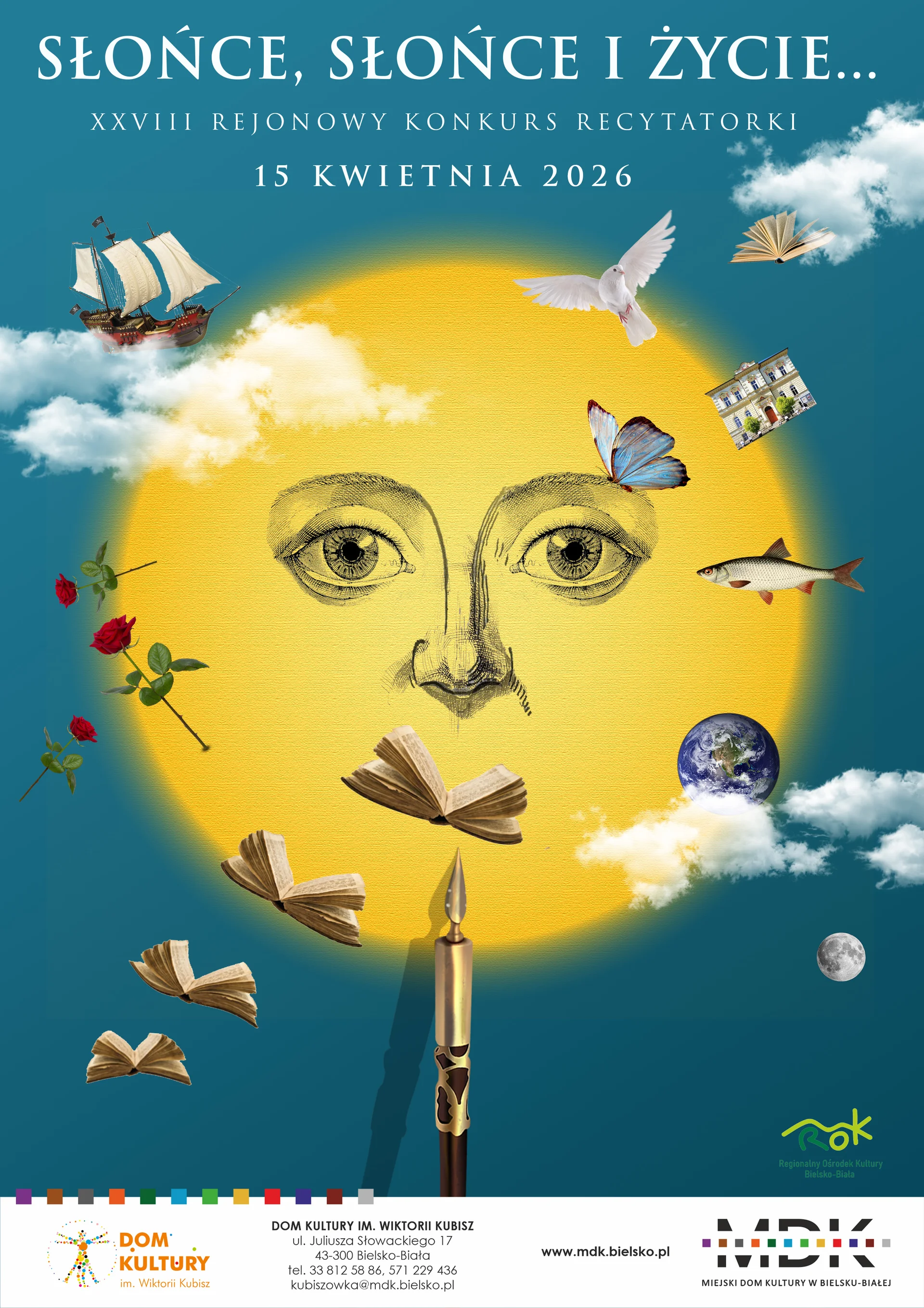 Zdjęcie przedstawia plakat, na którym jest słońce, oraz latające książki.