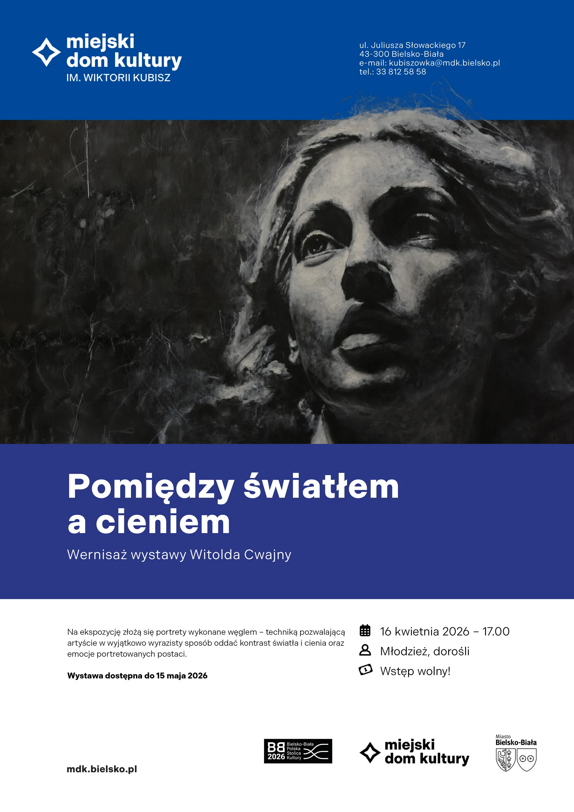 Plakat przedstawia kobietę namalowaną węglem.