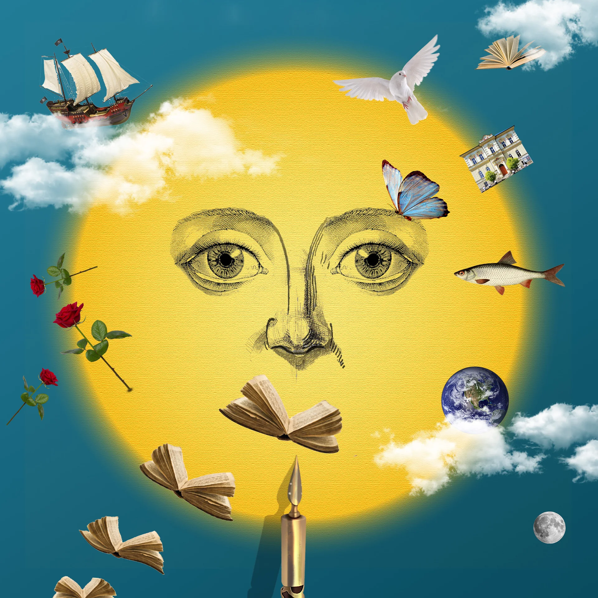 Słońce na tle którego latają chmury i książki