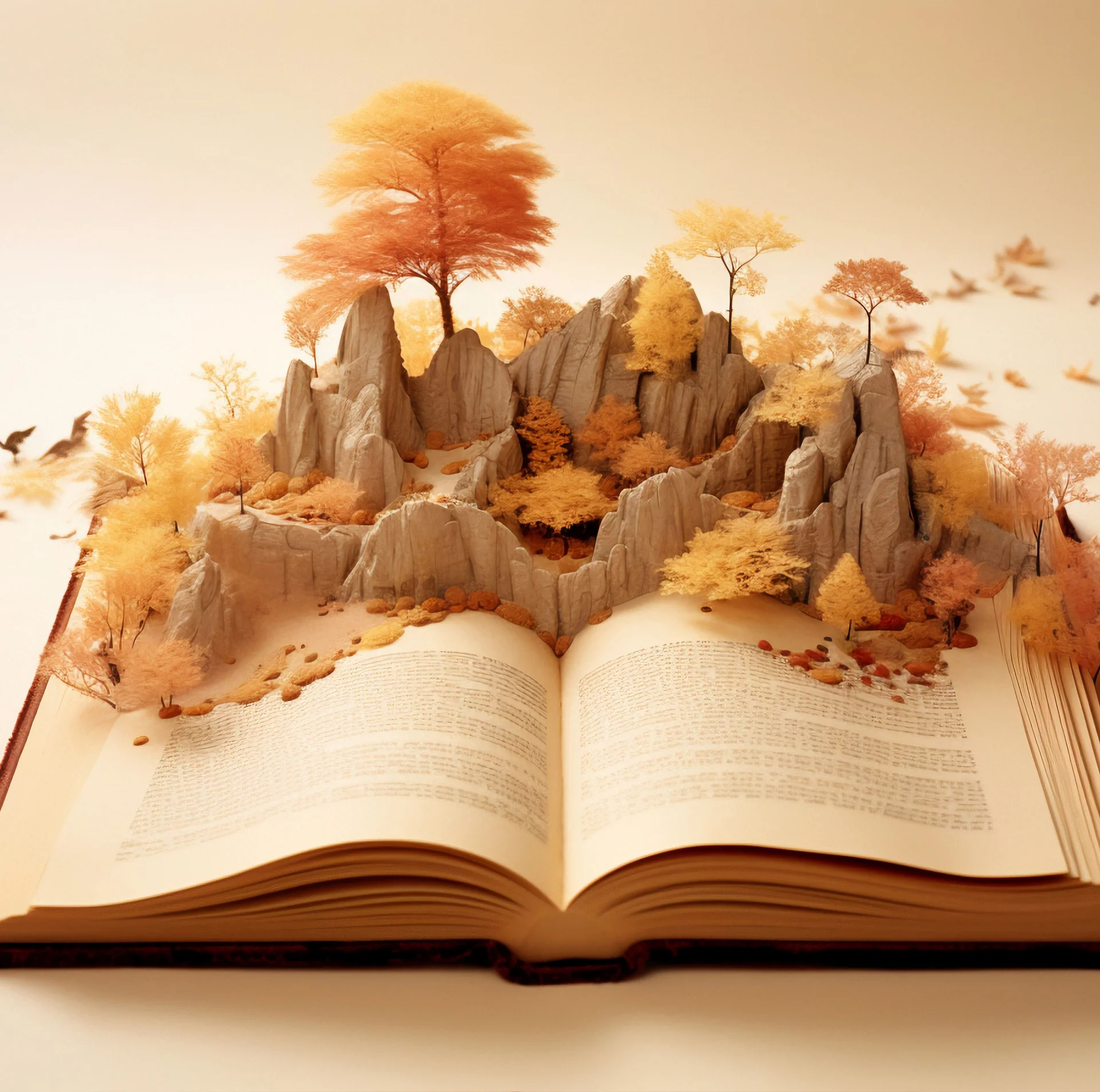 Ilustracja- otwarta książka z przestrzennym krajobrazem- góry i drzewa.