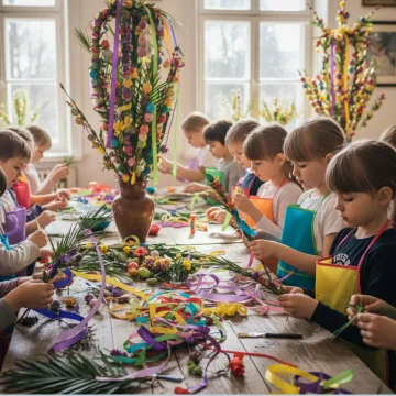 Dzieci siedzą przy stolę i tworzą kolorowe ozdoby na palmę wielkanocną