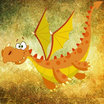 Kolorowa ilustracja przedstawiająca uśmiechniętego, bajkowego smoka w odcieniach pomarańczy i żółci, z małymi skrzydłami i ogonem uniesionym do góry, na tle złoto-zielonej, teksturowanej przestrzeni przypominającej rozbłysk lub magiczną mgłę.