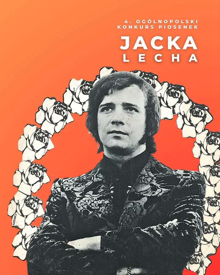Zdjęcie młodego wokalisty Jacka Lecha w czarno-białym kolorze, na pomarańczowym tle, w łuku z róż czarno-białym kolorze. Piosenkarz przystojny o męskich rysach twarzy z wzrokiem wbitym w górę.