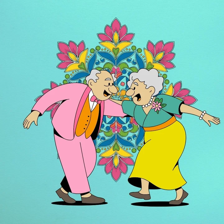 rysunek rozbawionych tańczących seniorów