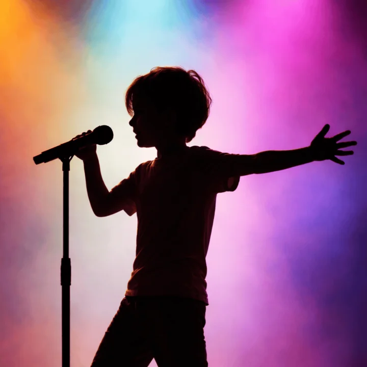 Na zdjęciu widać chłopca, który śpiewa trzymając mikrofon.