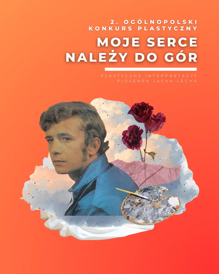Popiersie wokalisty Jacka Lecha z bujną fryzurą i męskimi rysami twarzy w niebieskiej koszuli, na pomarańczowym tle. Wokół twarzy trzy czerwone róże i paleta farb, a wszystko na tle białej góry.