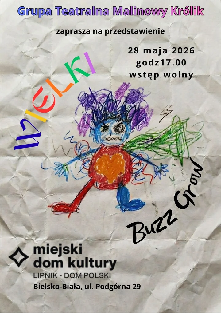 Na plakacie kolorowy stworek