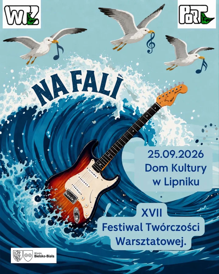 Plakat z gitarą płynącą na fali i z mewami latającymi z nutkami w dziobie