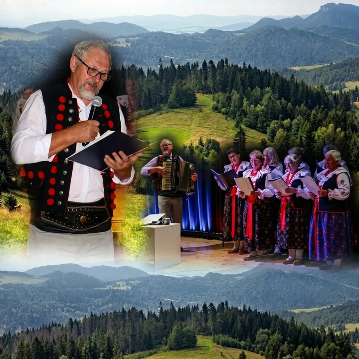 Fotokolaż: góralski mówca, akordeonista i chór kobiet na tle panoramy Beskidów.